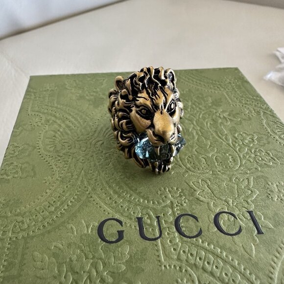 NEW Gucci Lion Head Gold Ring Blue Aquamarine Stone Size 23 IT 10.5 US - Picture 5 of 10